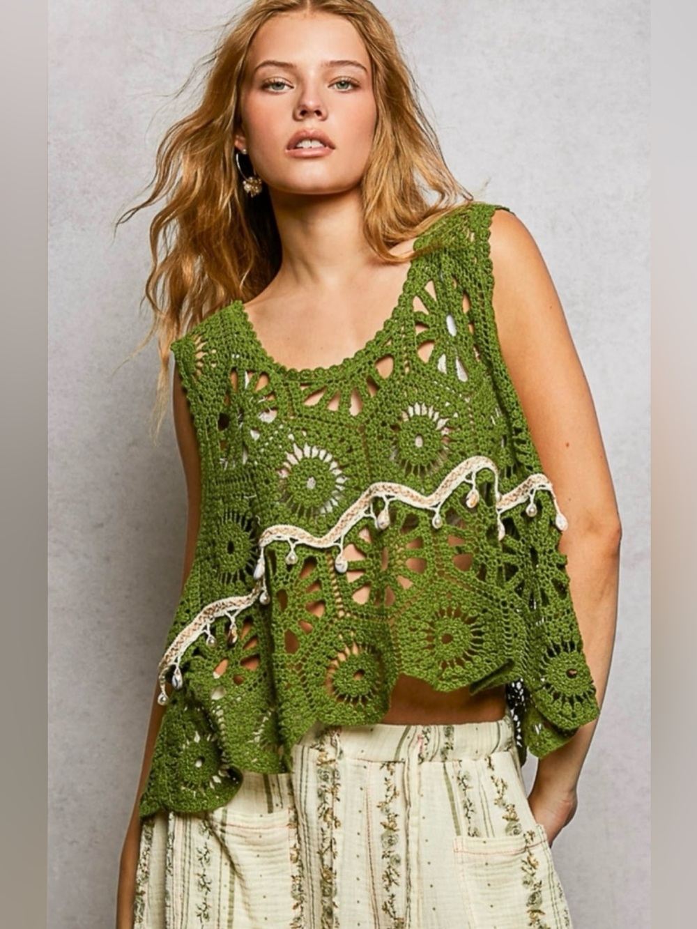 New POL Crochet Tank Top ~ Green with Cream Accent